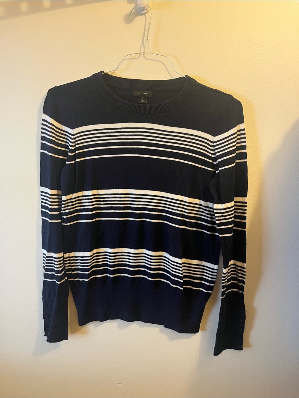 Halogen Navy and White Striped Crewneck Sweater